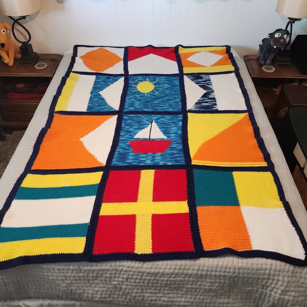Hand Crocheted Nautical Throw Blanket / Afghan